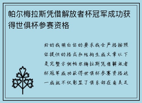 帕尔梅拉斯凭借解放者杯冠军成功获得世俱杯参赛资格