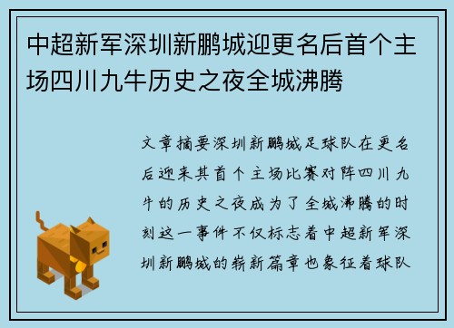 中超新军深圳新鹏城迎更名后首个主场四川九牛历史之夜全城沸腾 中超新军深圳新鹏城迎更名后首个主场四川九牛历史之夜全城沸腾