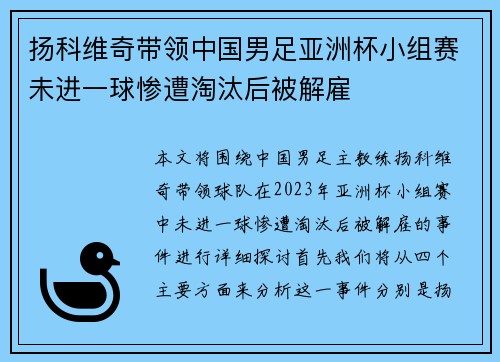 扬科维奇带领中国男足亚洲杯小组赛未进一球惨遭淘汰后被解雇 扬科维奇带领中国男足亚洲杯小组赛未进一球惨遭淘汰后被解雇