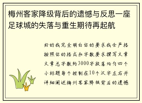 梅州客家降级背后的遗憾与反思一座足球城的失落与重生期待再起航